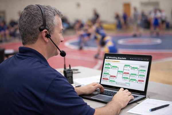 Tournament staff running brackets and results on a laptop matside.